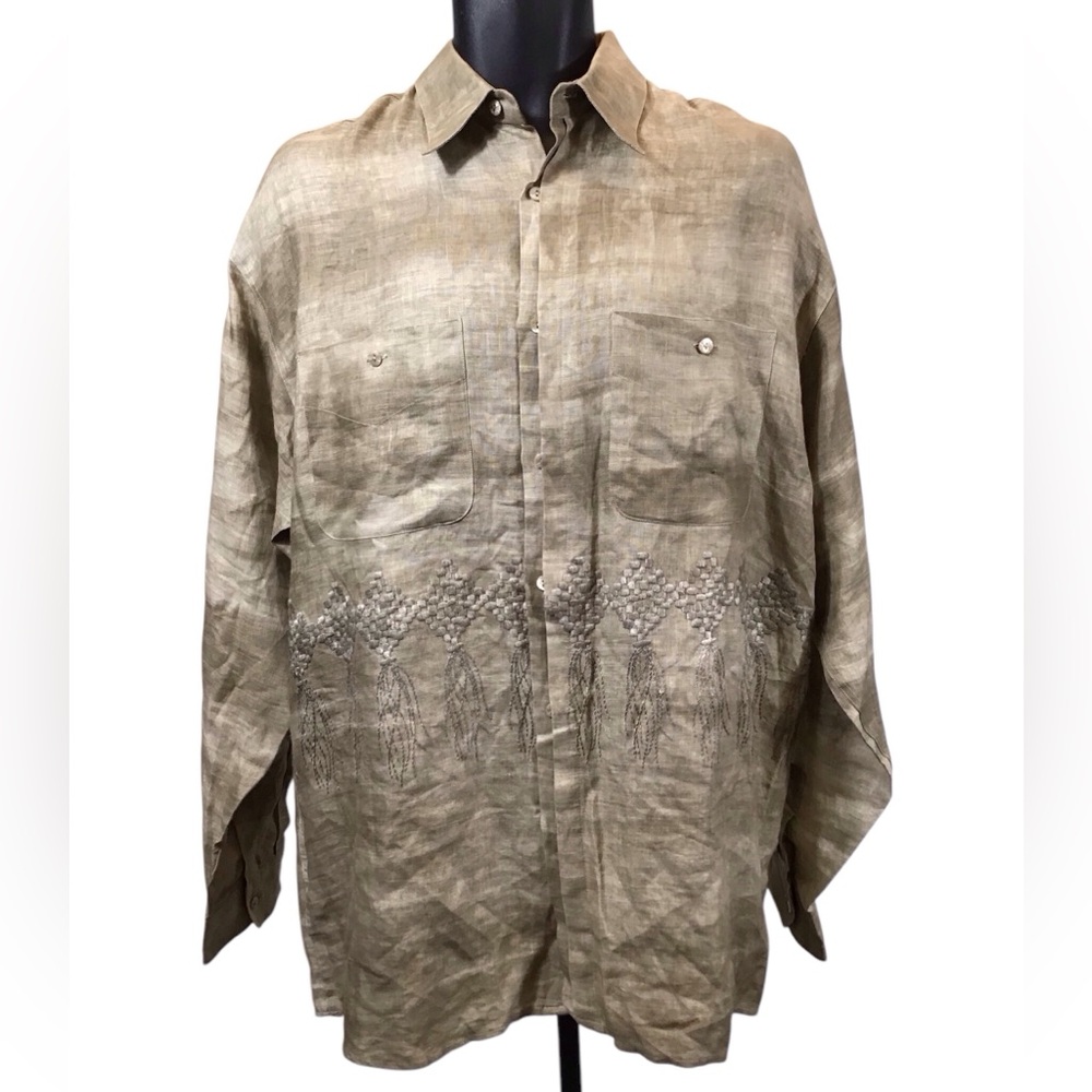 Vintage Vivaldi Mens Linen Shirt XXL Italian Long Sleeve Embroidered Coastal New